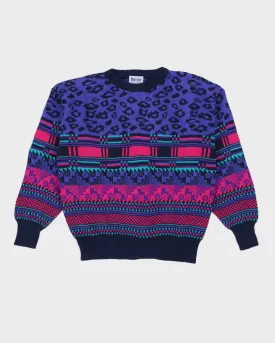 00s Blue Patterned Knitted Ski Jumper - M