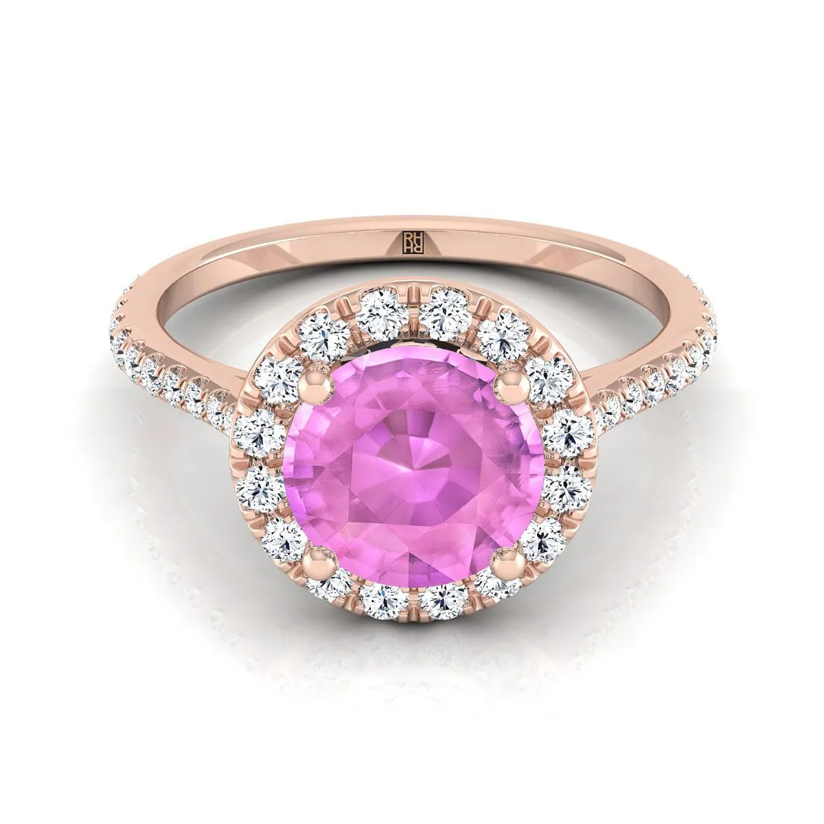 14K Rose Gold Pink Sapphire Pink Sapphire Halo Diamond Pave Engagement Ring -3/8ctw