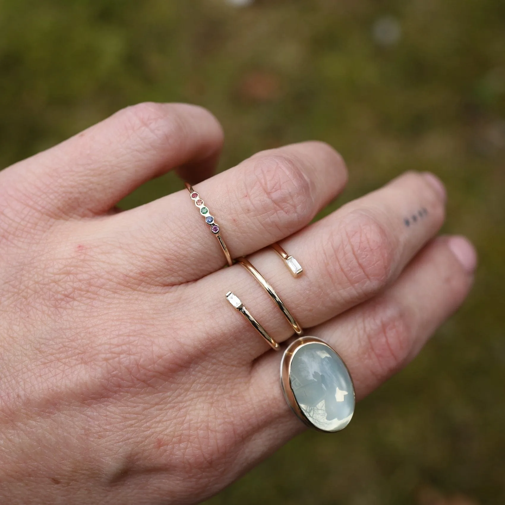 14k Tiny Bezel Set Rainbow Sapphire Ring