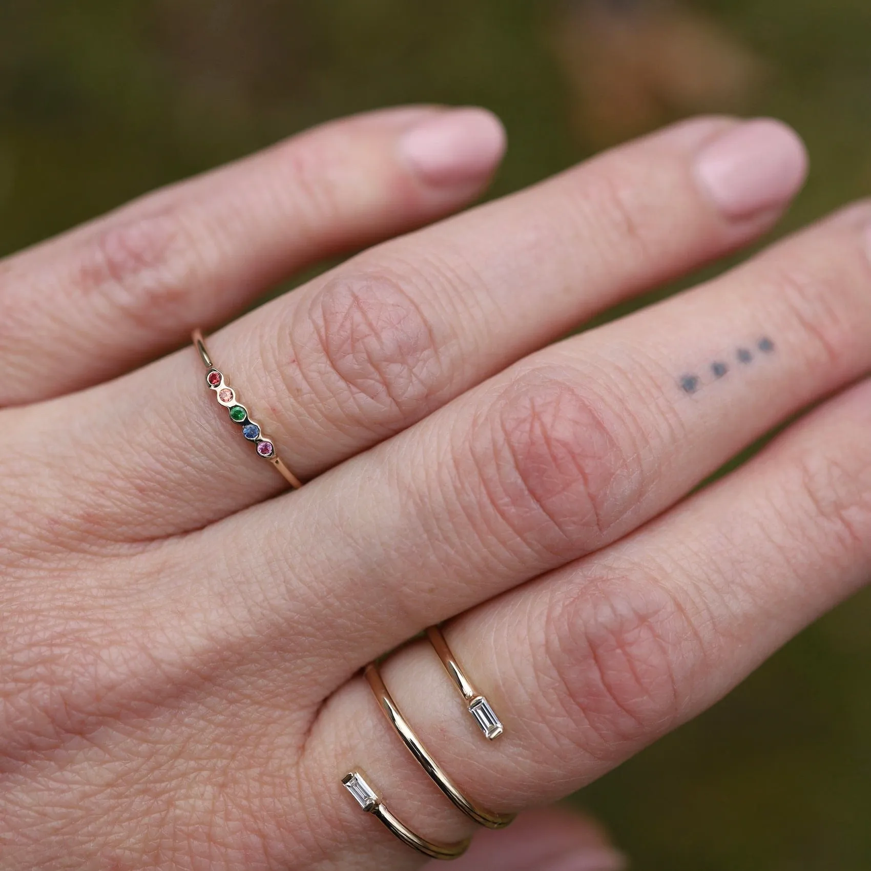 14k Tiny Bezel Set Rainbow Sapphire Ring
