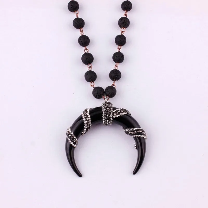 3 Colors Option Hot Selling Tribal Natural Amazonite Stones Beads Horn Statement Pendant Necklace for Women Bohemian Jewelry