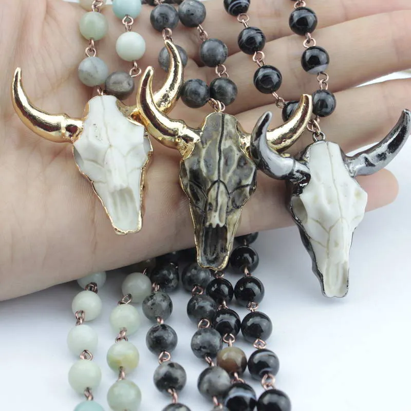 3 Colors Option Hot Selling Tribal Natural Amazonite Stones Beads Horn Statement Pendant Necklace for Women Bohemian Jewelry