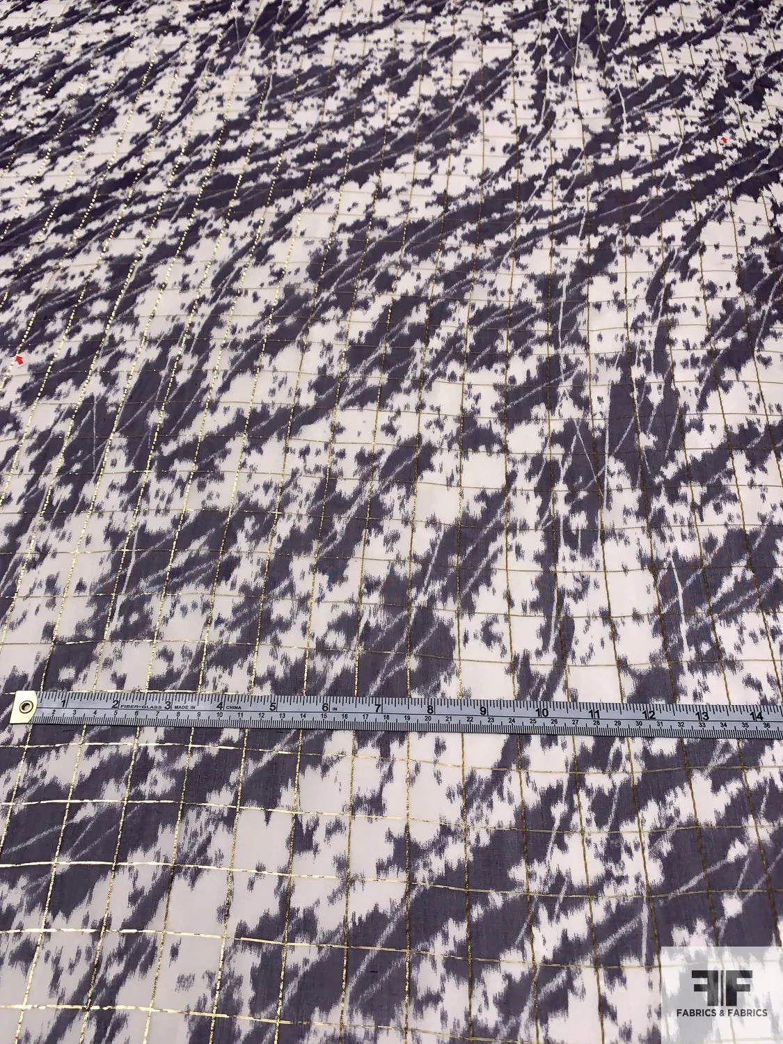 Abstract Wavy Striations Printed Silk Chiffon with Lurex Windowpane Pattern - Navy / Off-White / Gold