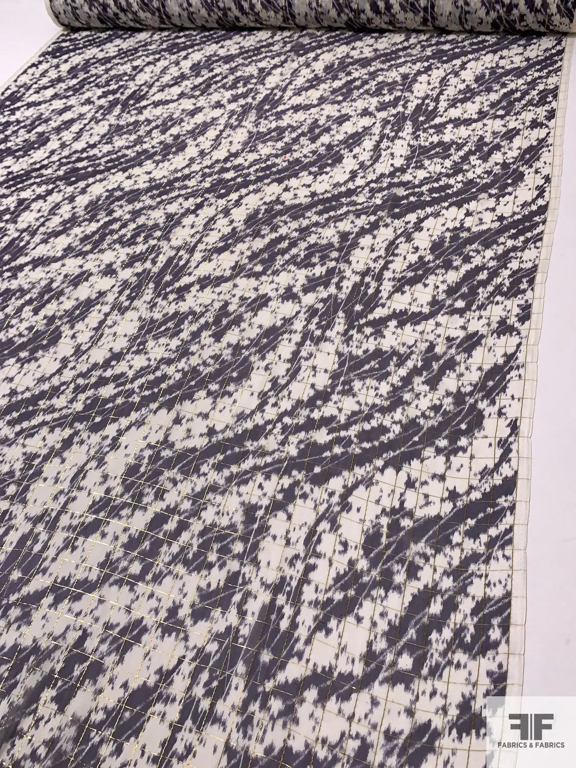 Abstract Wavy Striations Printed Silk Chiffon with Lurex Windowpane Pattern - Navy / Off-White / Gold