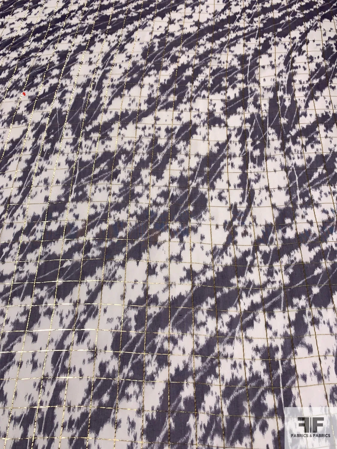 Abstract Wavy Striations Printed Silk Chiffon with Lurex Windowpane Pattern - Navy / Off-White / Gold