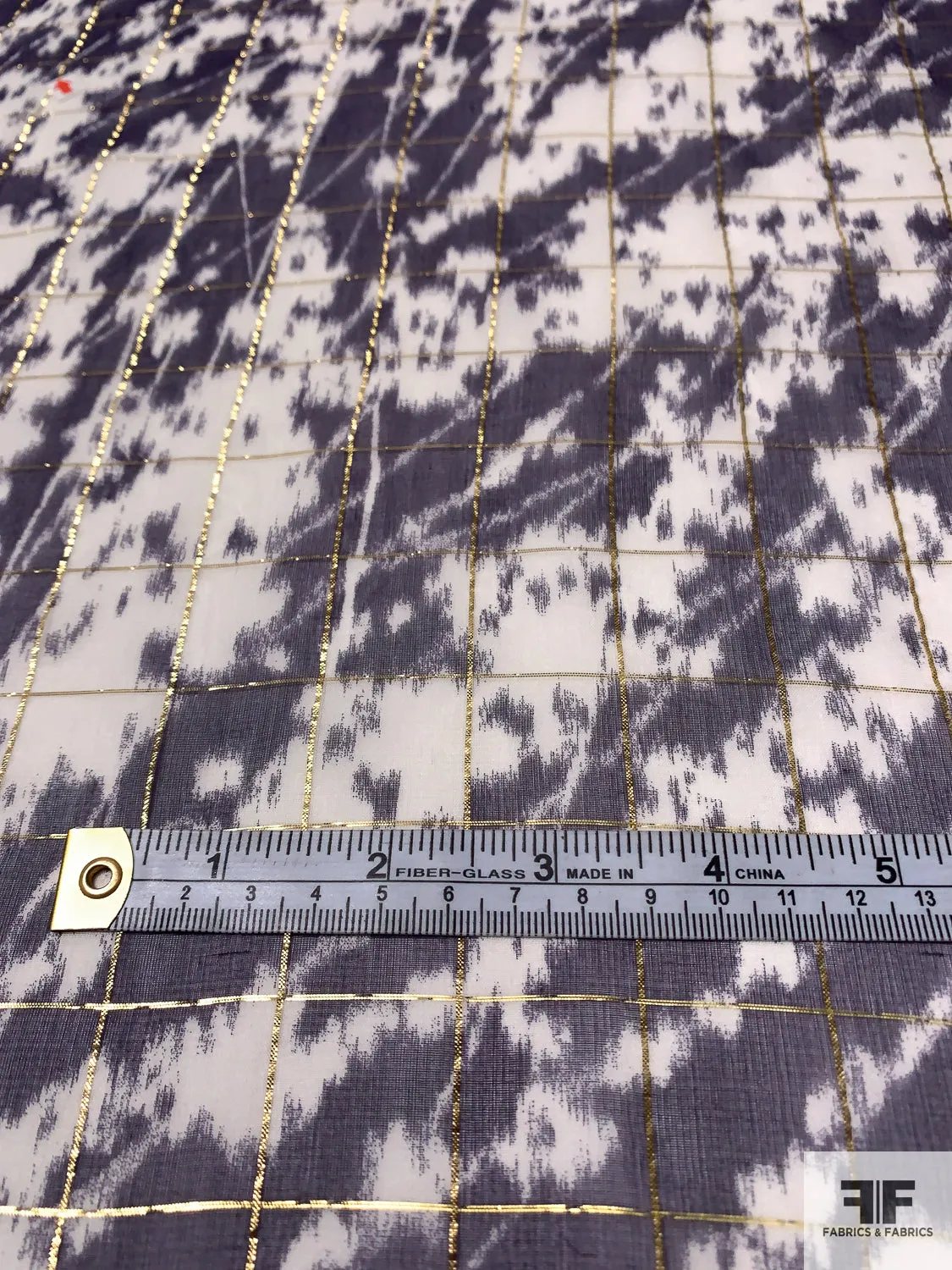 Abstract Wavy Striations Printed Silk Chiffon with Lurex Windowpane Pattern - Navy / Off-White / Gold