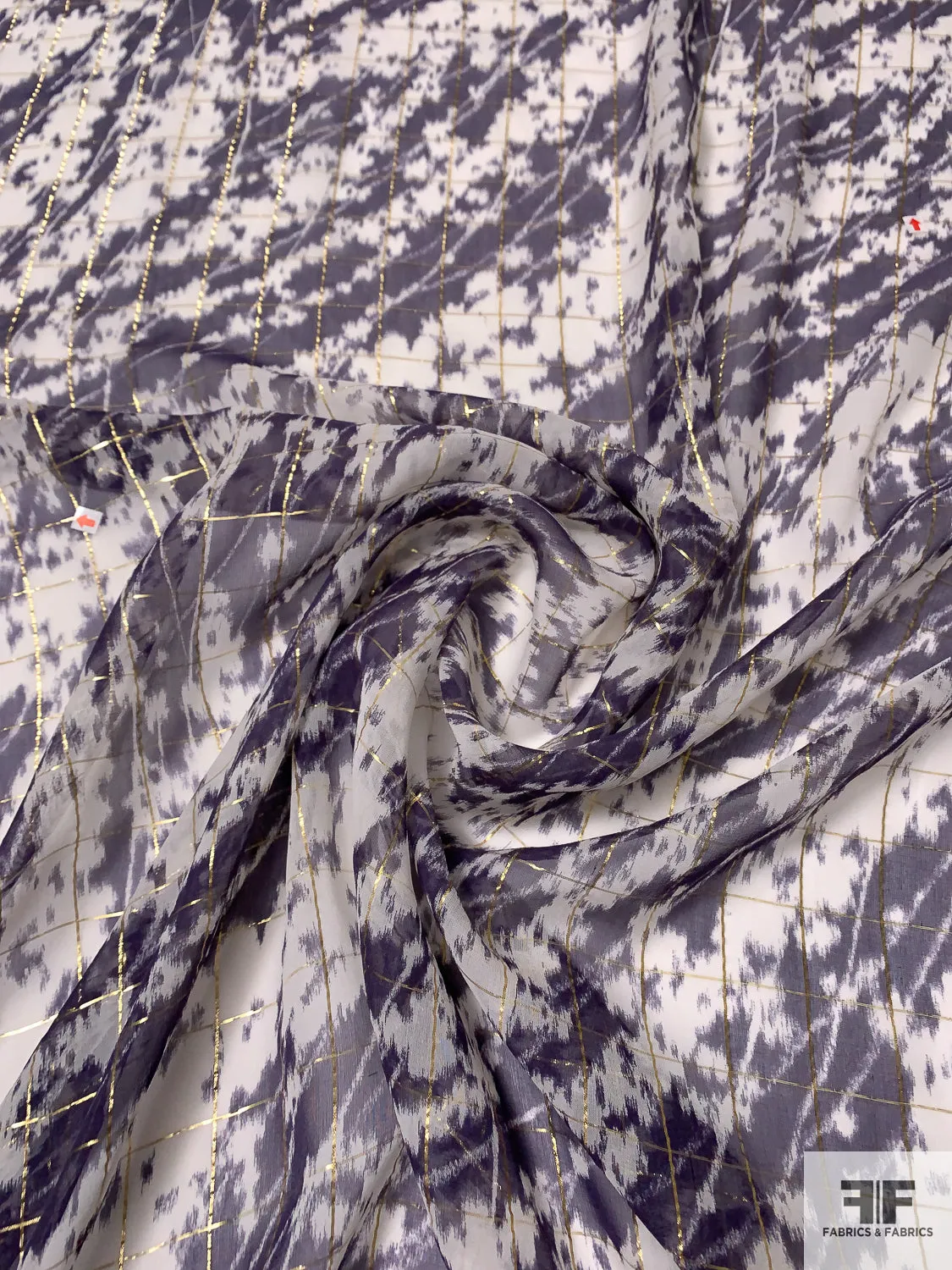 Abstract Wavy Striations Printed Silk Chiffon with Lurex Windowpane Pattern - Navy / Off-White / Gold