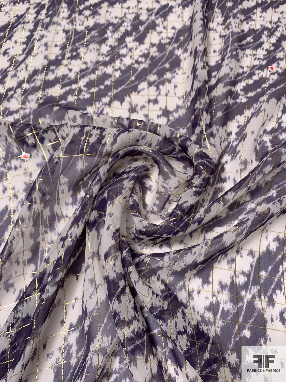 Abstract Wavy Striations Printed Silk Chiffon with Lurex Windowpane Pattern - Navy / Off-White / Gold