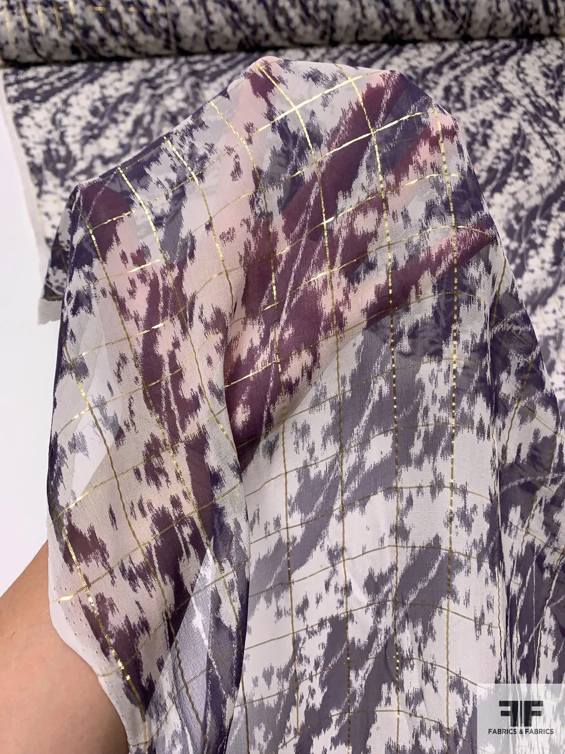 Abstract Wavy Striations Printed Silk Chiffon with Lurex Windowpane Pattern - Navy / Off-White / Gold