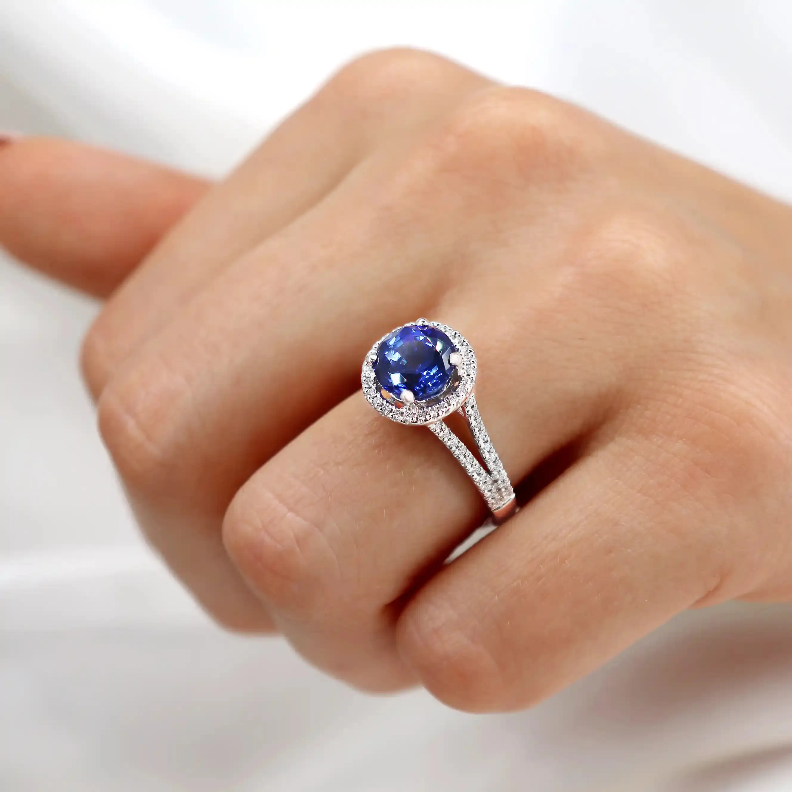 AMELIA - Chatham® Lab Grown Blue Sapphire & Diamond 18k Rose Gold Halo Ring