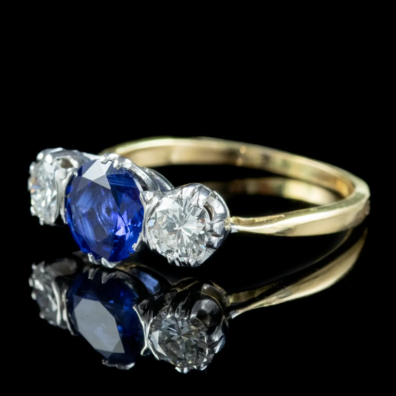Antique Edwardian Sapphire Diamond Trilogy Ring 1.41ct Sapphire With Cert