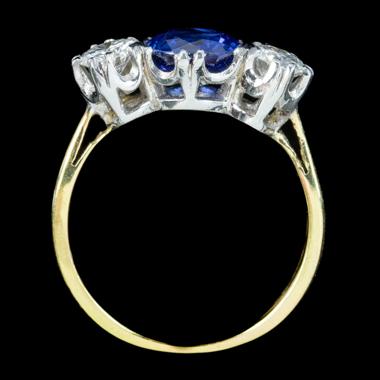 Antique Edwardian Sapphire Diamond Trilogy Ring 1.41ct Sapphire With Cert