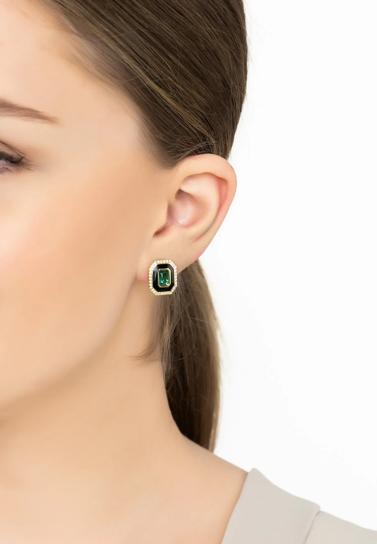 Art Deco Emerald And Enamel Stud Earrings Gold