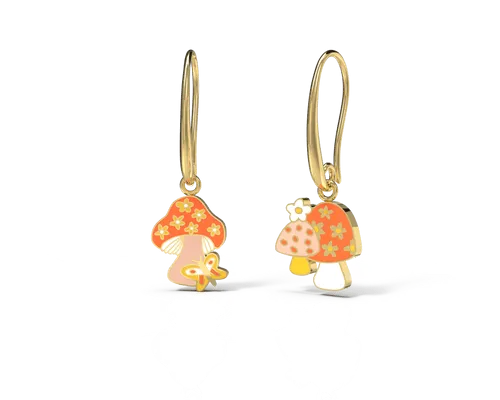 Asymmetrical Cloisonné Drop Earrings - Mushroom Butterfly