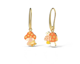 Asymmetrical Cloisonné Drop Earrings - Mushroom Butterfly