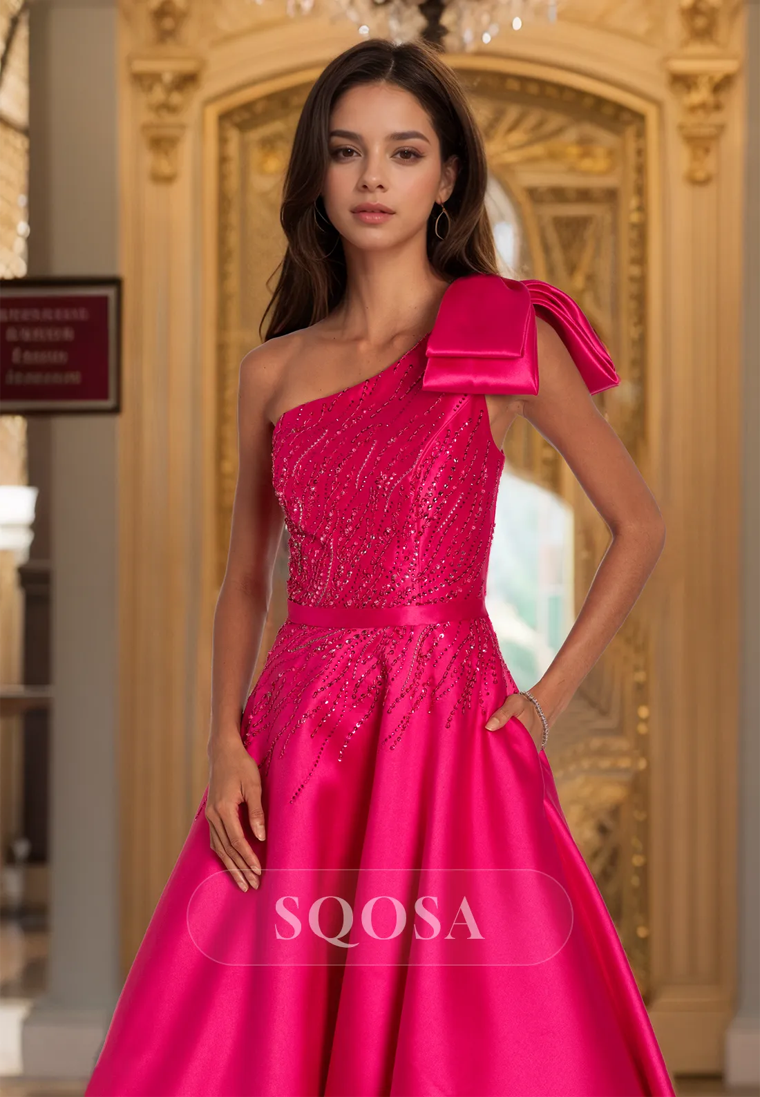 Asymmetrical-Neck Off-Shoulder Sleeveless Party Gowns Beaded Pleated A-Line Prom Dress with Big Bow