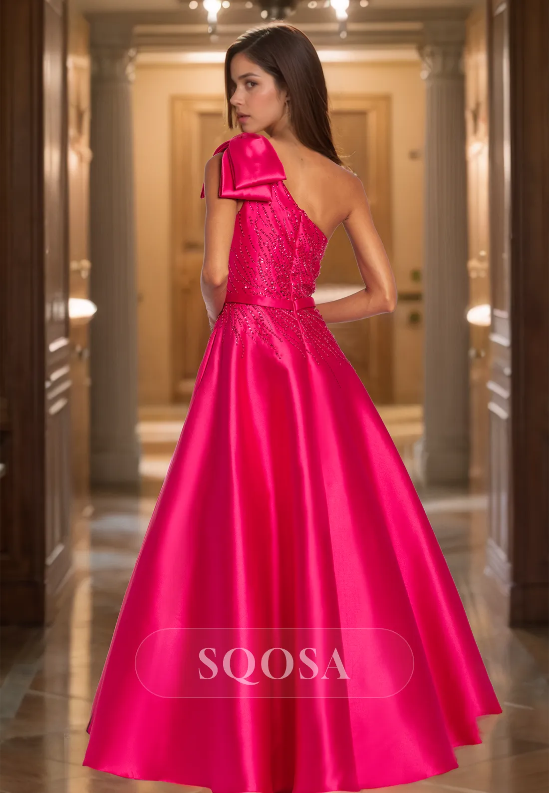 Asymmetrical-Neck Off-Shoulder Sleeveless Party Gowns Beaded Pleated A-Line Prom Dress with Big Bow