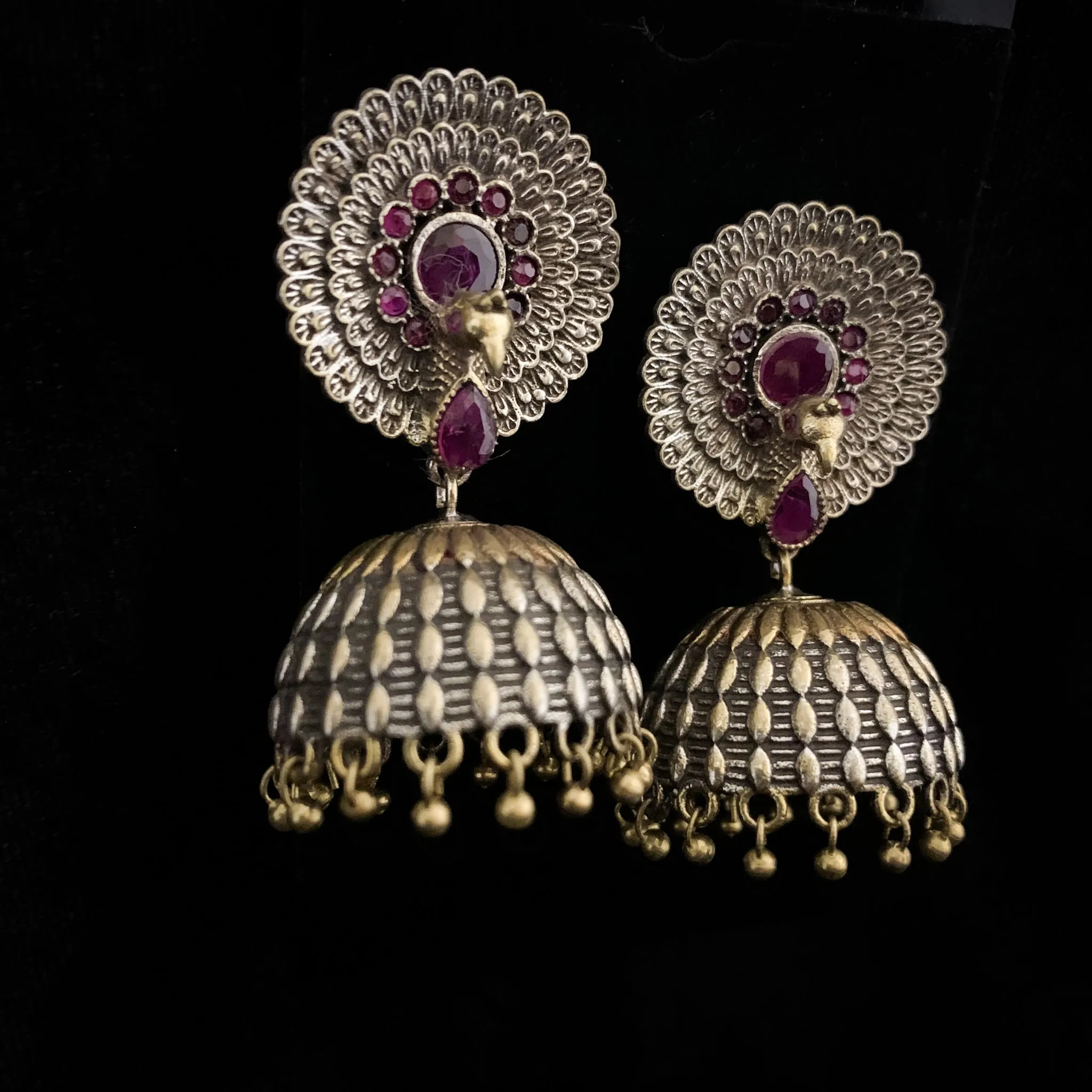 Beautiful Dual Tone Oxidized Silver Peacock Jhumka with Ruby red stones