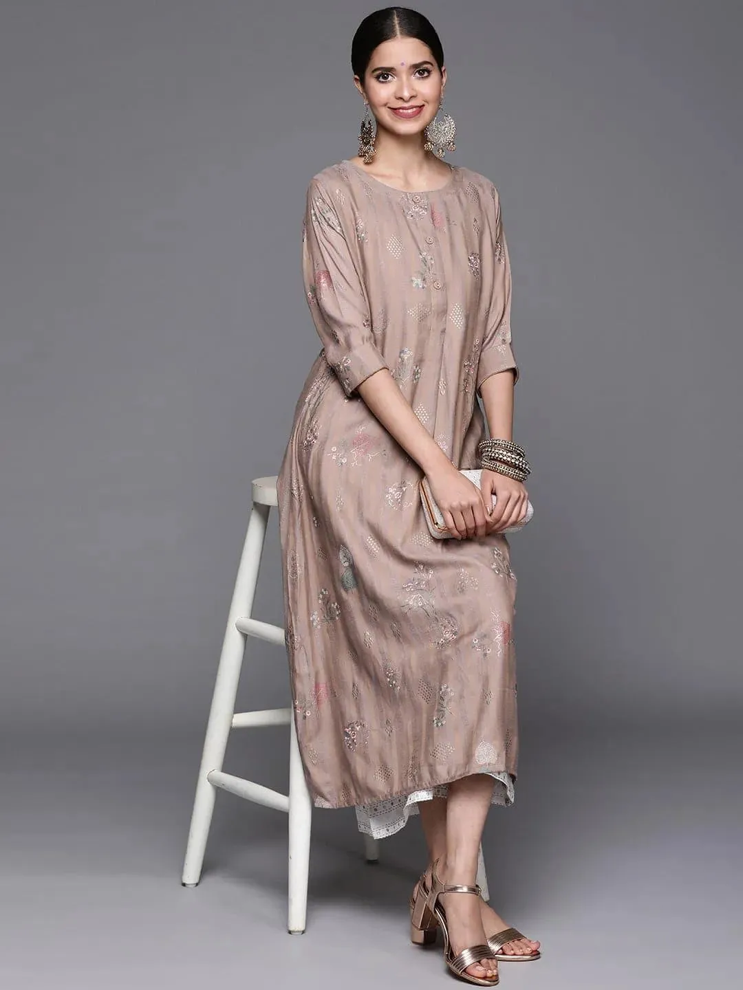 Beige Printed Cotton Silk Kurta