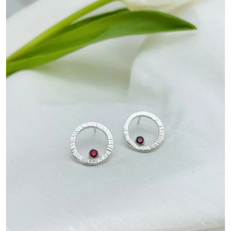 Birthstone Circle Sterling Silver Stud Earrings