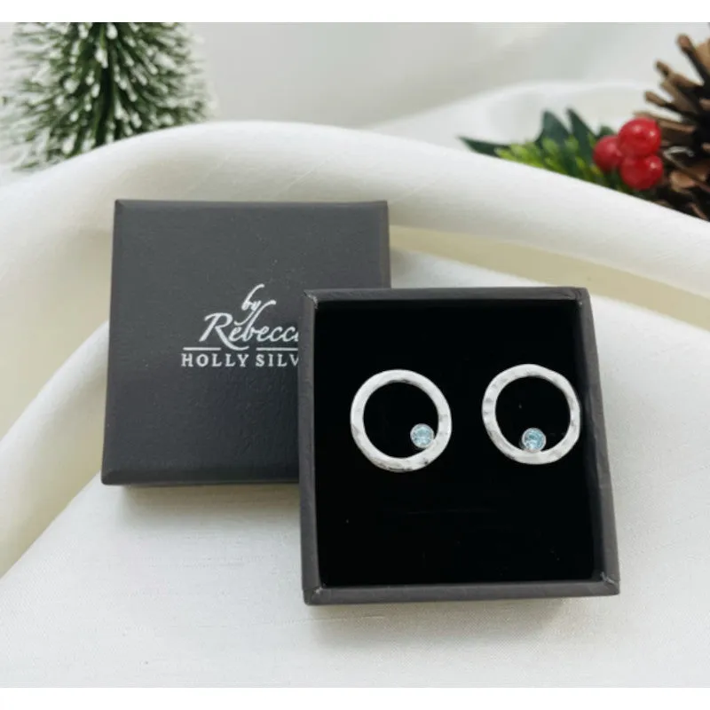Birthstone Circle Sterling Silver Stud Earrings