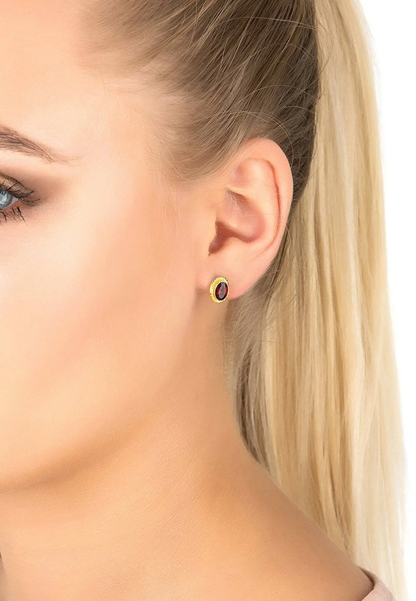 Birthstone Gold Gemstone Stud Earring January Garnet