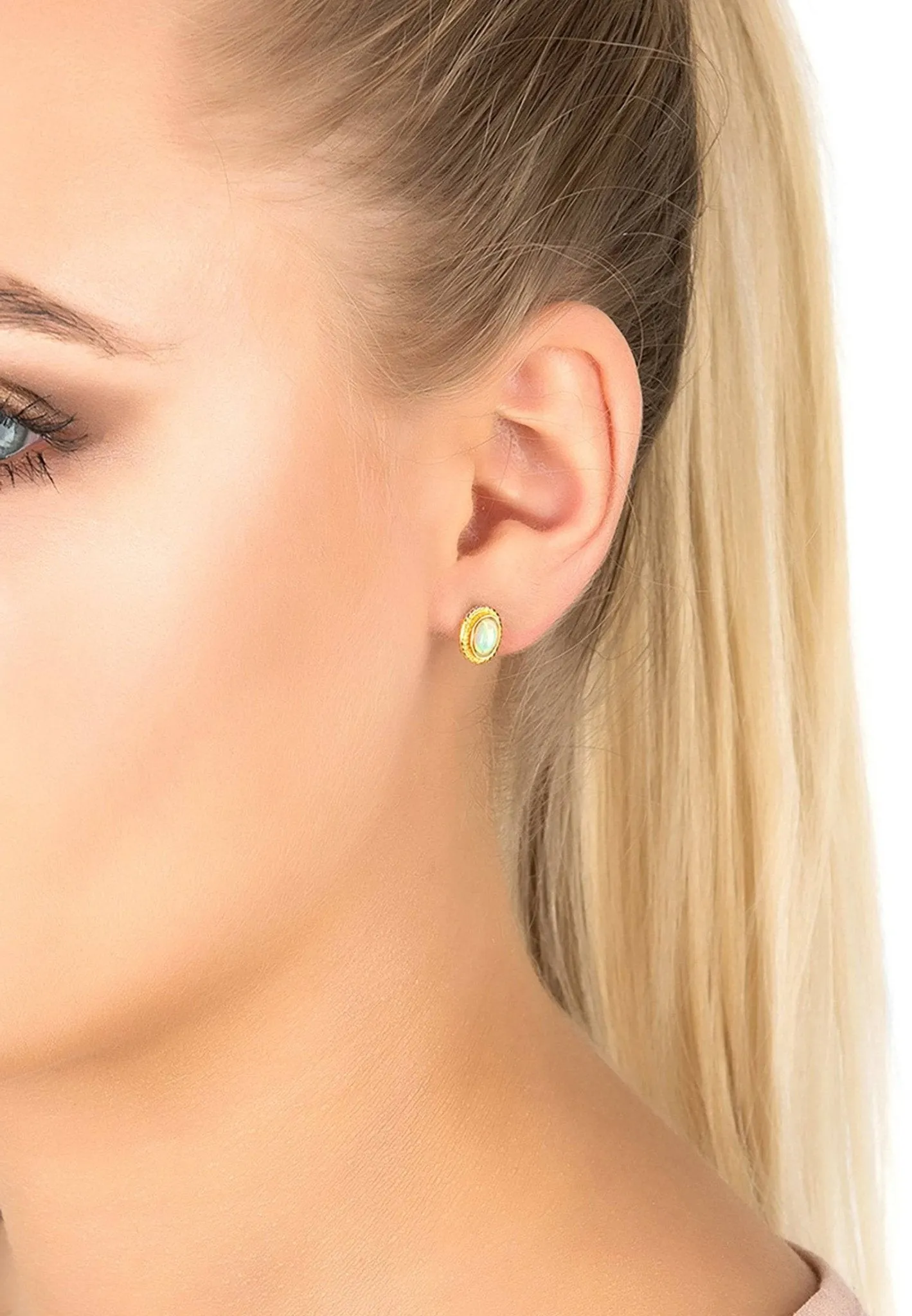 Birthstone Gold Gemstone Stud Earring October Opal