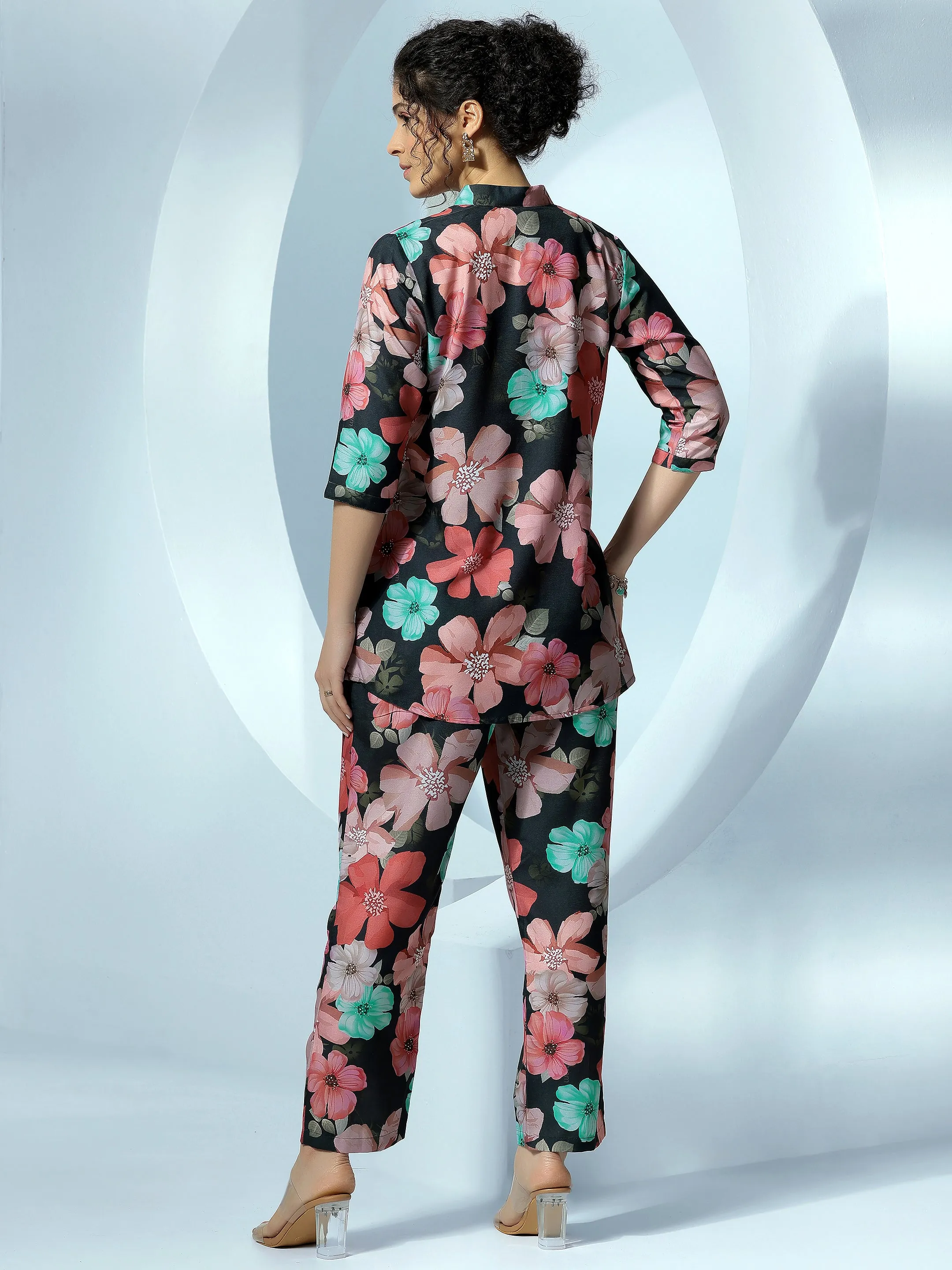 Black Printed Silk Blend Co-Ords