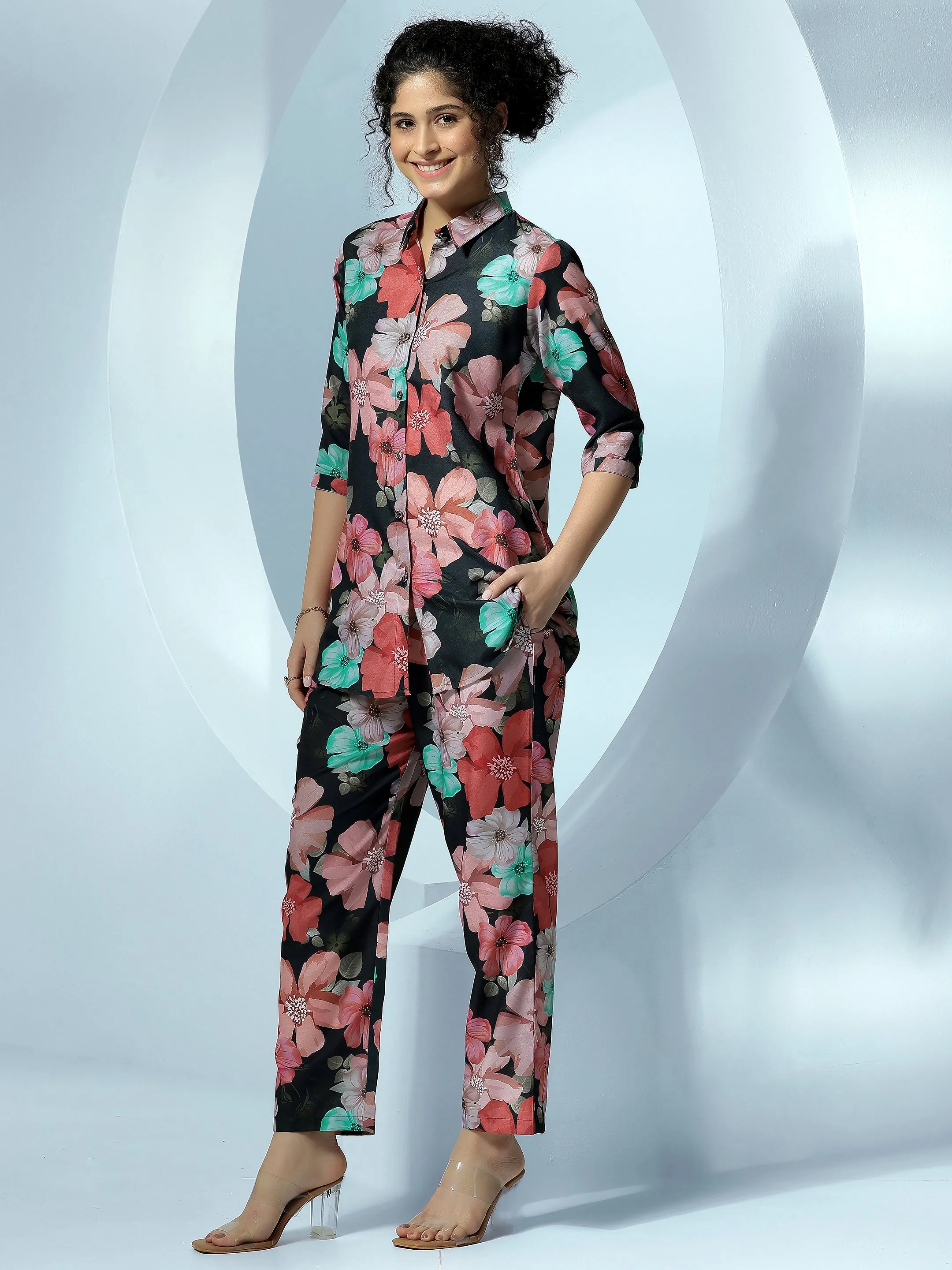 Black Printed Silk Blend Co-Ords