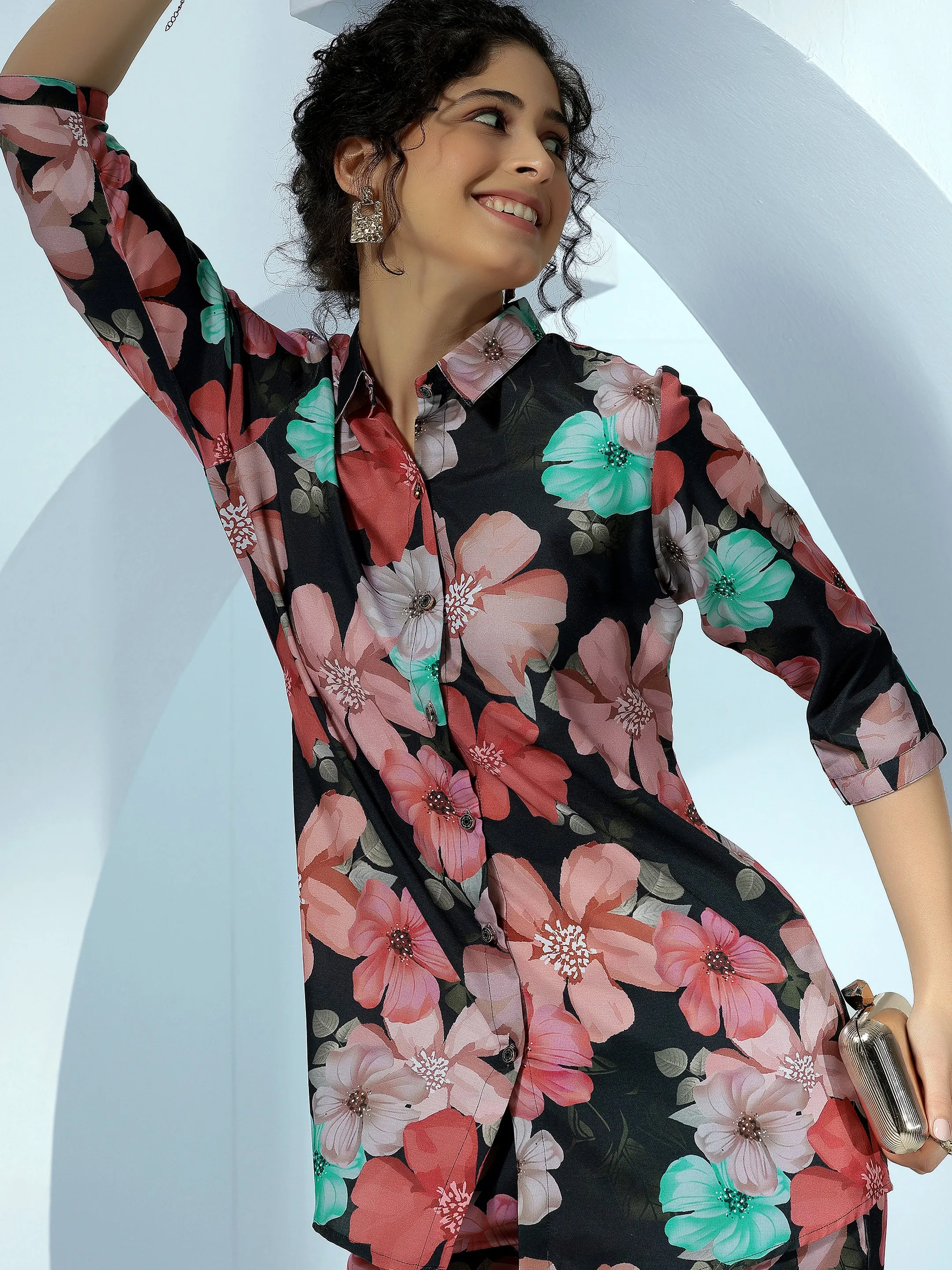 Black Printed Silk Blend Co-Ords