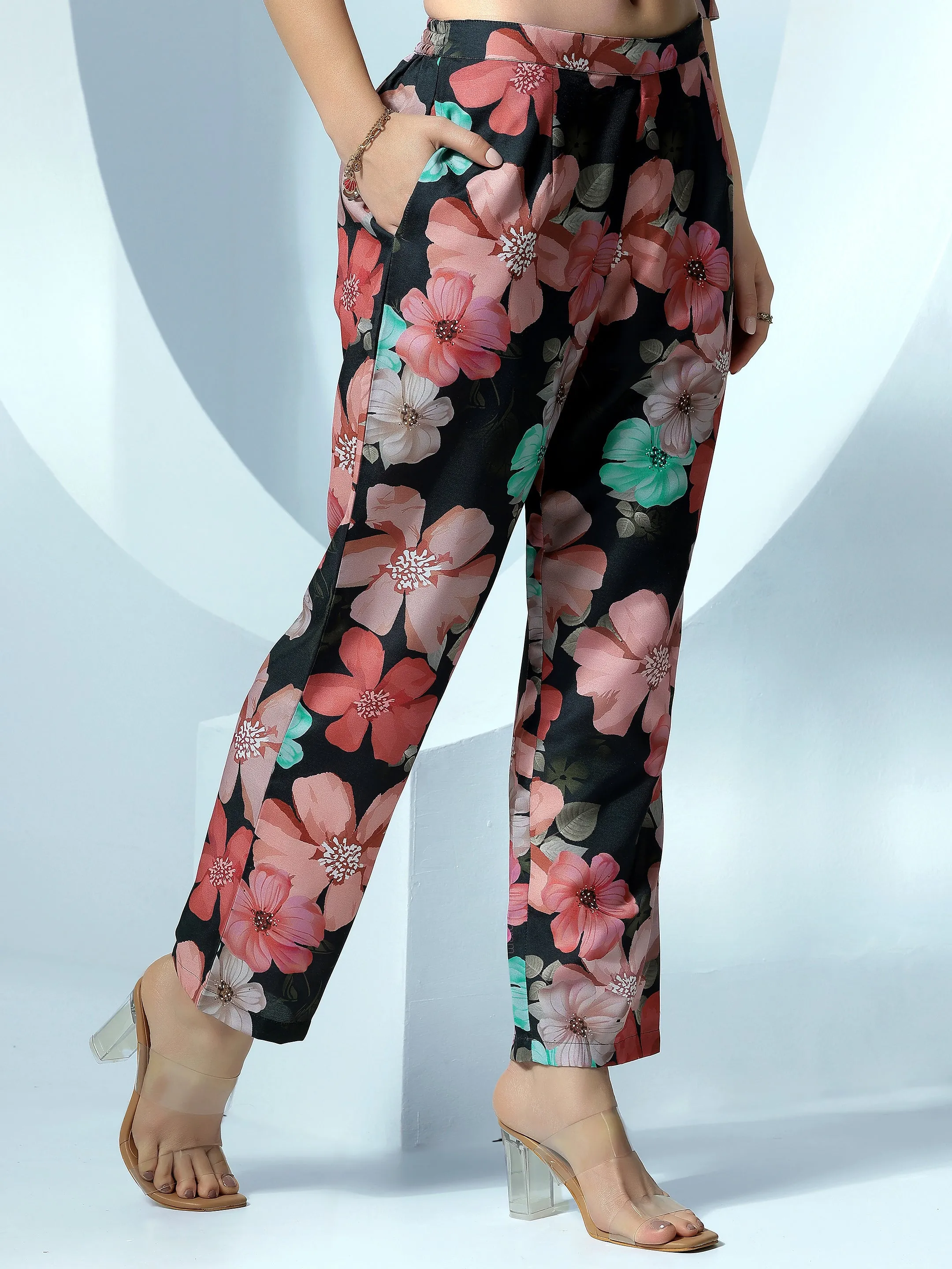 Black Printed Silk Blend Co-Ords