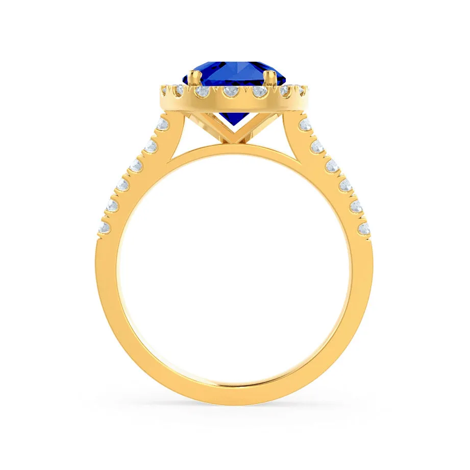 CECILY - Chatham® Lab Grown Blue Sapphire & Diamond 18k Yellow Gold Halo Ring