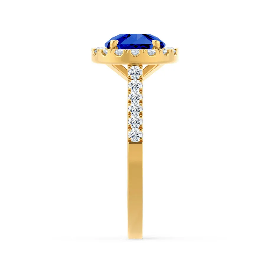 CECILY - Chatham® Lab Grown Blue Sapphire & Diamond 18k Yellow Gold Halo Ring
