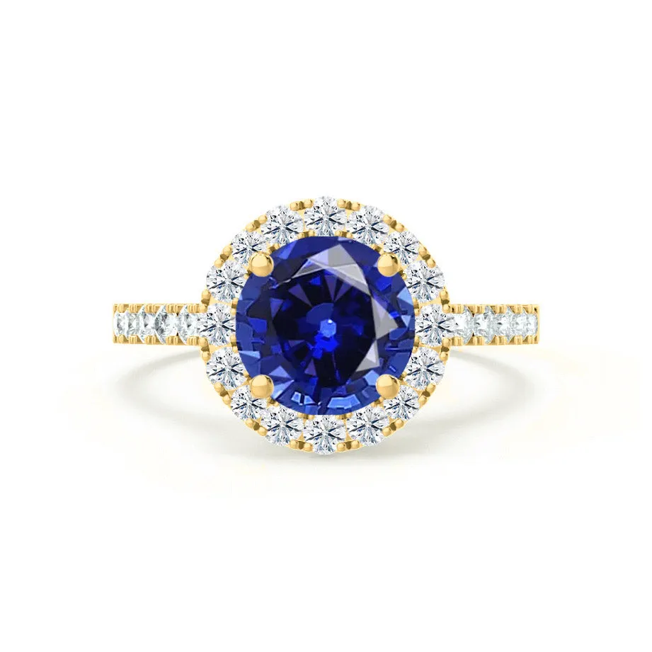 CECILY - Chatham® Lab Grown Blue Sapphire & Diamond 18k Yellow Gold Halo Ring