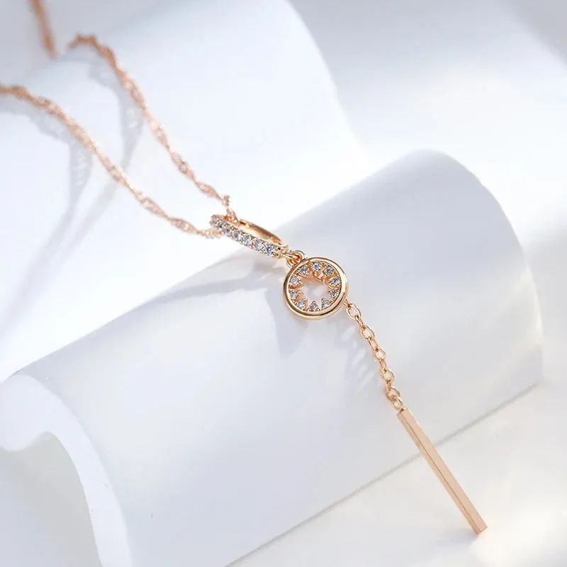 Golden Cascade Tassel Pendant Necklace with Natural Zircon – 585 Gold Color Water Wave Chain for Party & Daily Wear