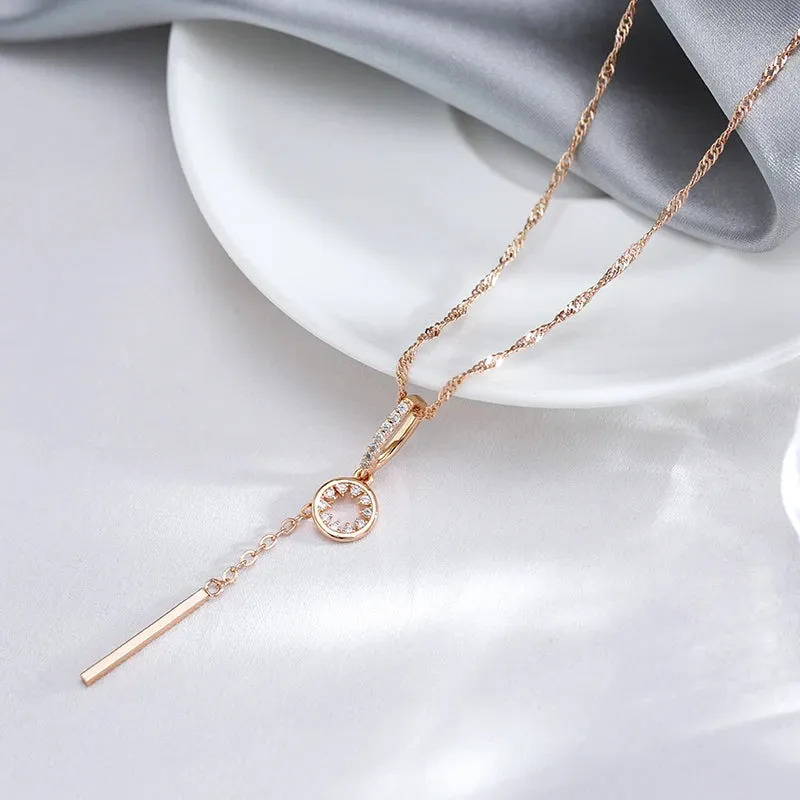 Golden Cascade Tassel Pendant Necklace with Natural Zircon – 585 Gold Color Water Wave Chain for Party & Daily Wear