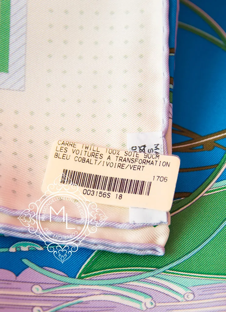 Hermes Blue Twill Silk 90 cm Les Voitures à a Transformation Scarf