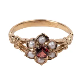 Jane Austen Regency Ring with Garnet and Pearl Flower