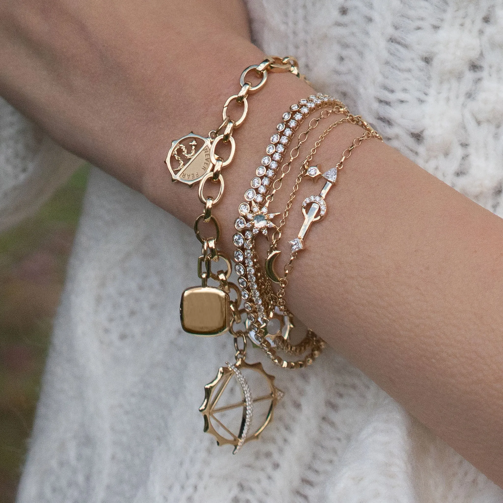 Sun, Moon and Stars Dangling Diamond and Moonstone Chain Bracelet