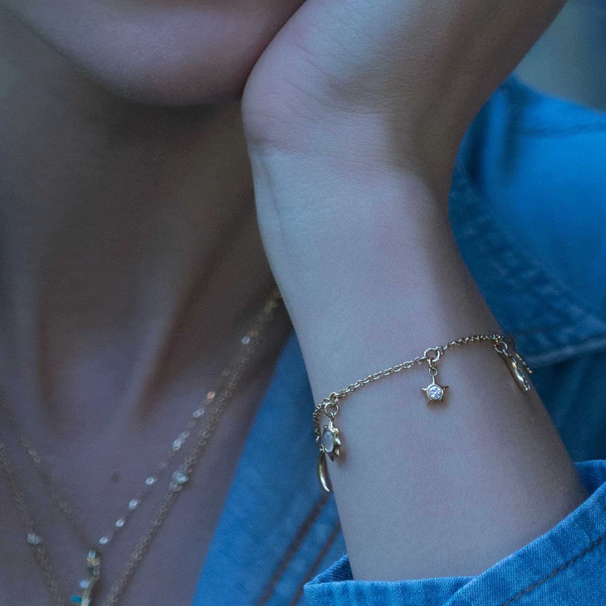 Sun, Moon and Stars Dangling Diamond and Moonstone Chain Bracelet