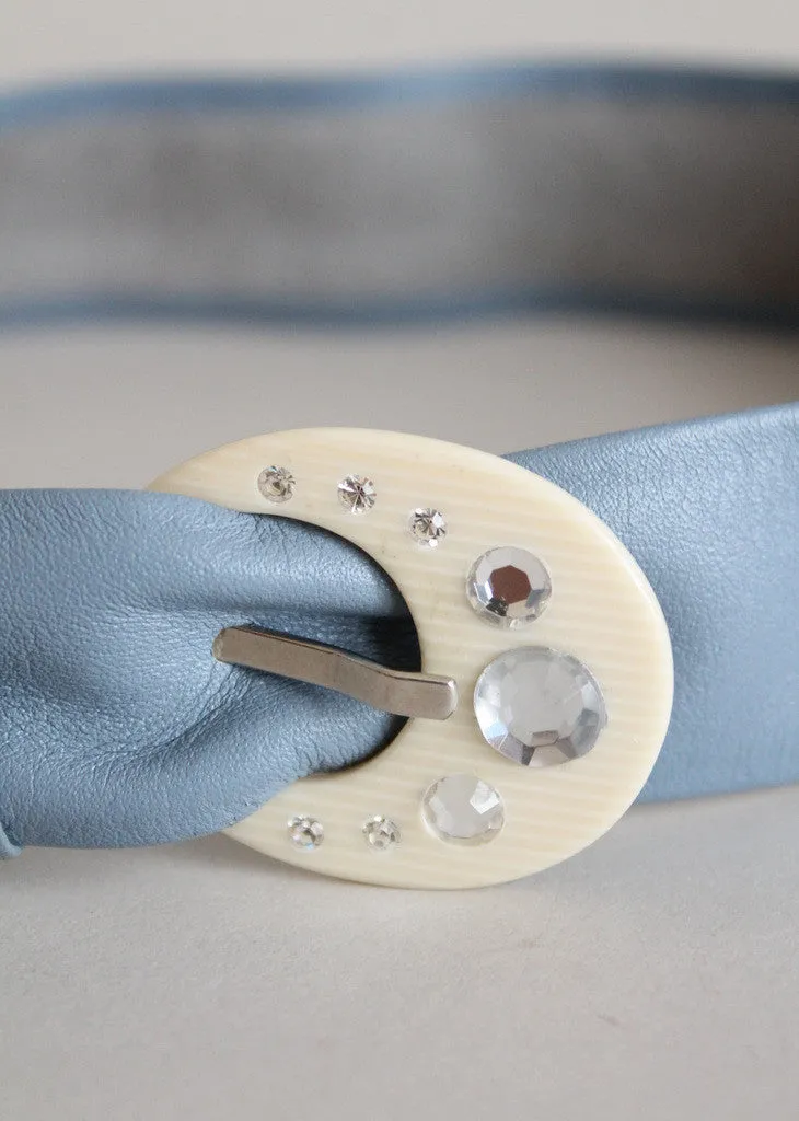 Vintage Blue Leather Belt with Rhinestone Celluloid Buckle