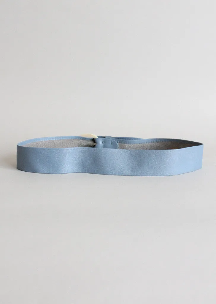 Vintage Blue Leather Belt with Rhinestone Celluloid Buckle