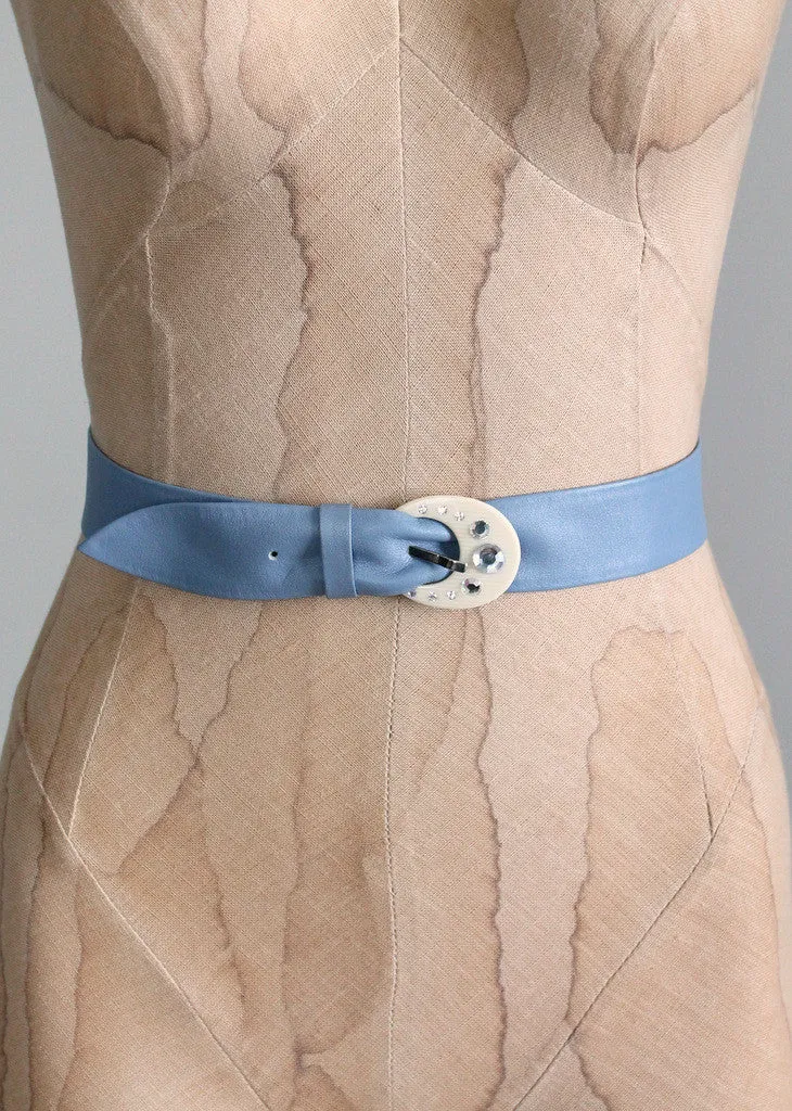 Vintage Blue Leather Belt with Rhinestone Celluloid Buckle