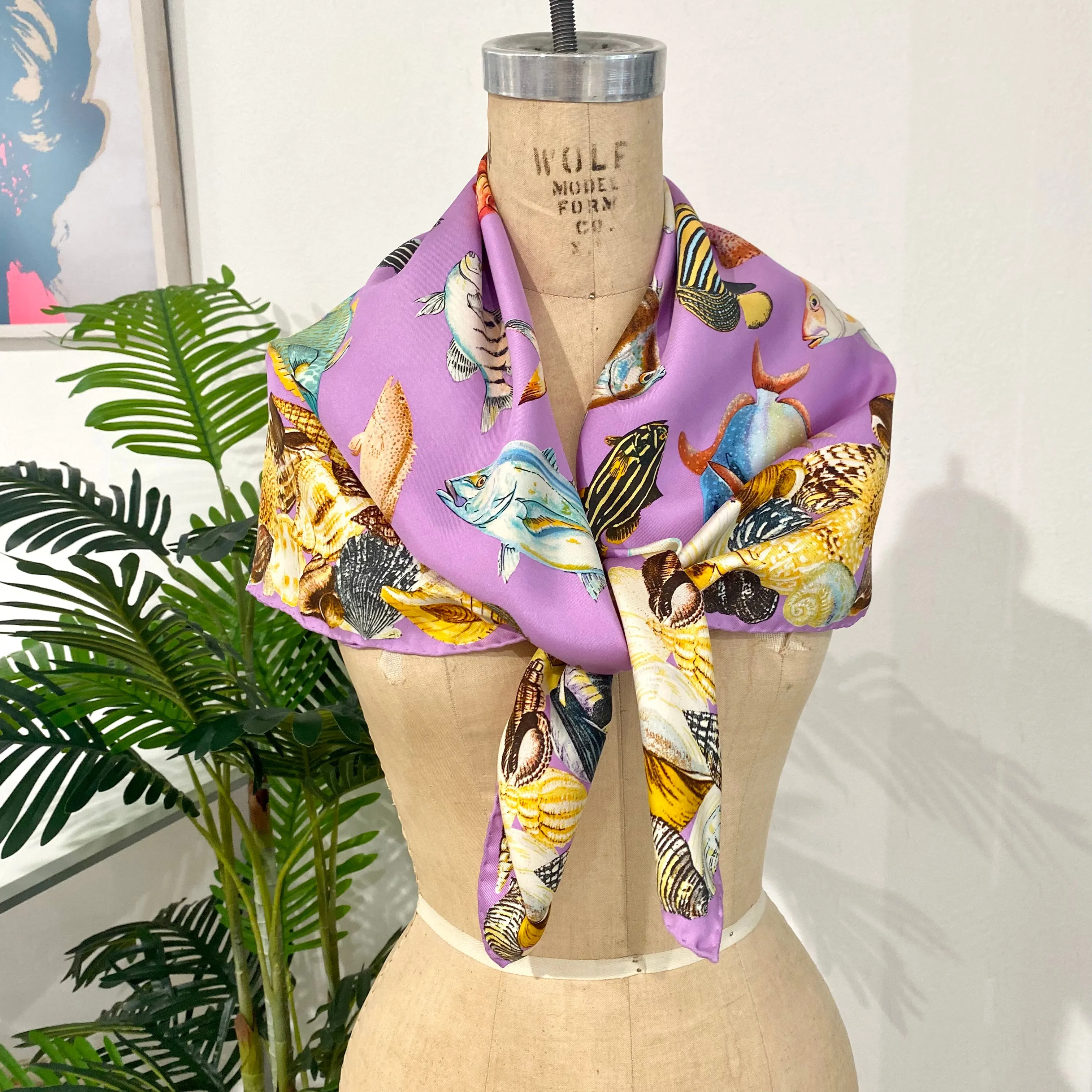 Vintage Gucci Lavender Fish Print Silk Scarf