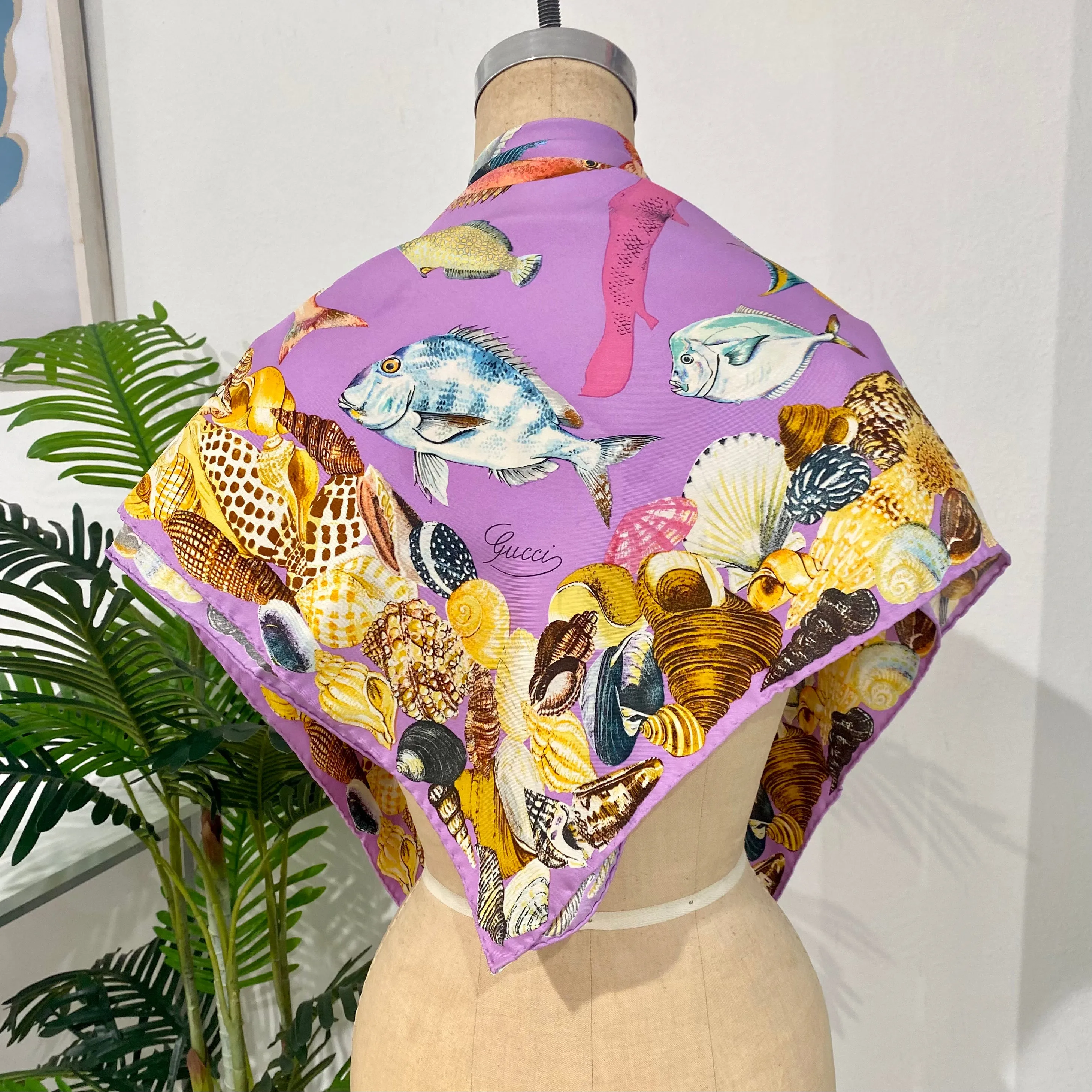 Vintage Gucci Lavender Fish Print Silk Scarf