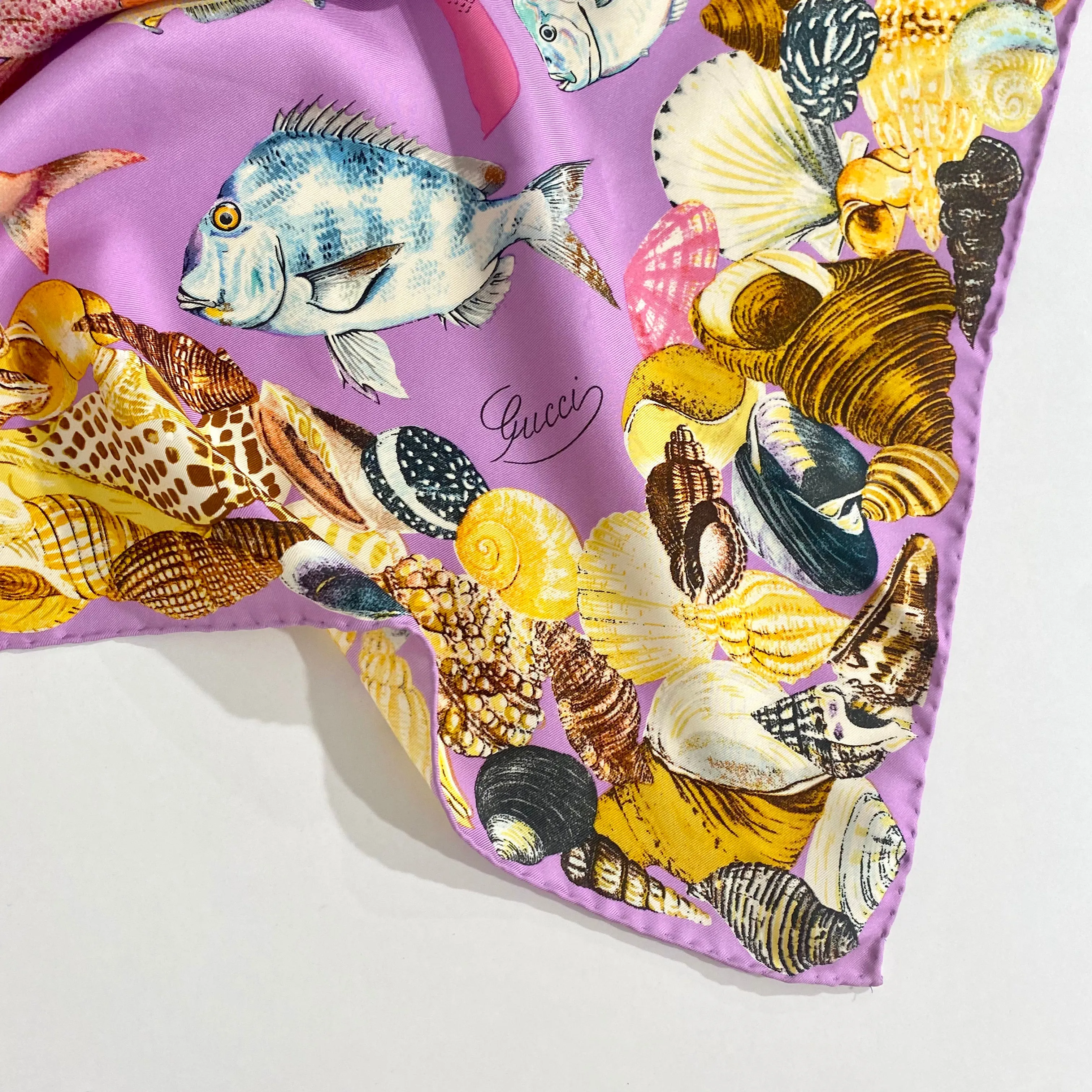 Vintage Gucci Lavender Fish Print Silk Scarf