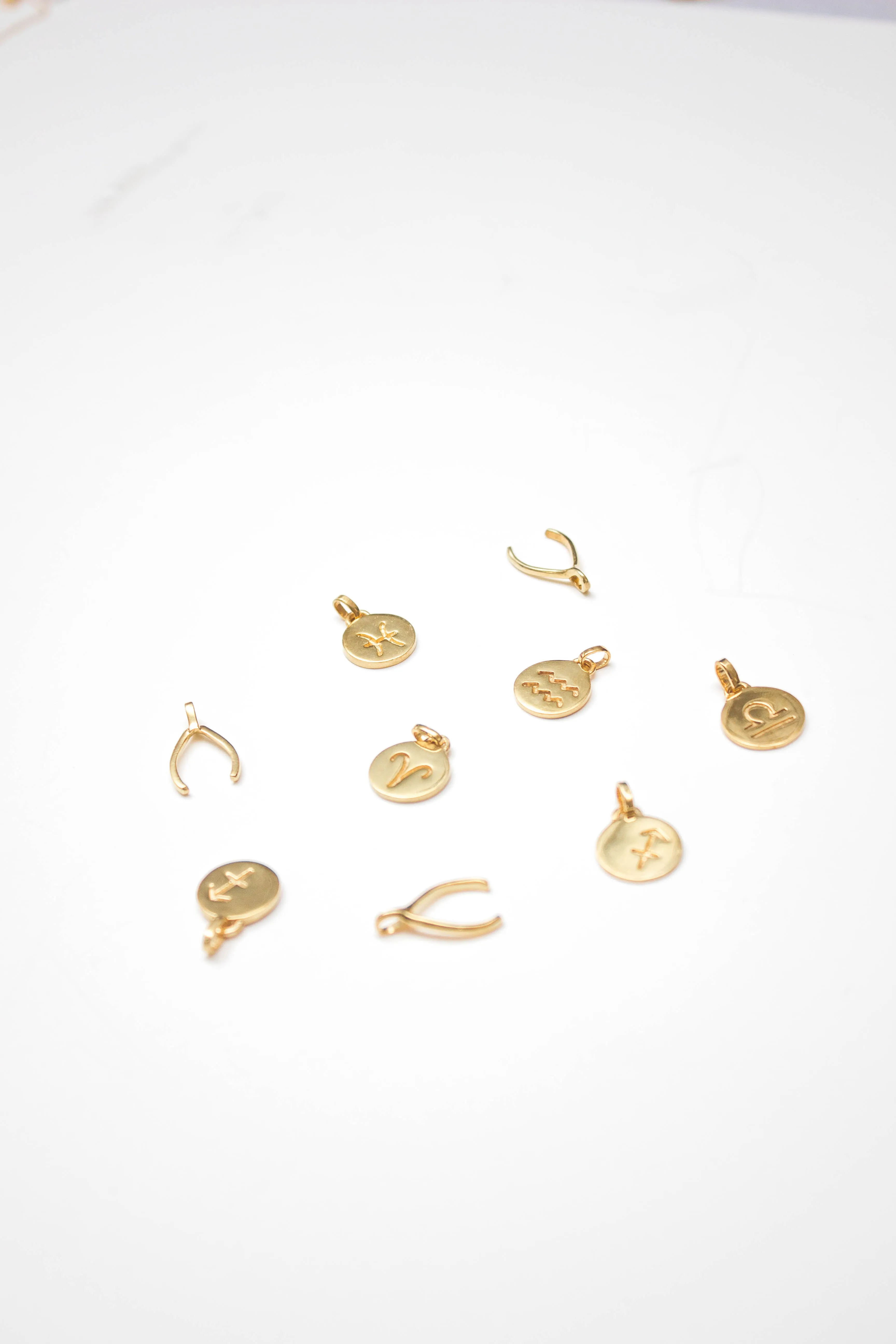 Zodiac Sign & Wishbone Necklace, Solid Gold